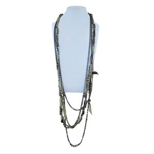 Gunmetal Chain Link Green Ribbon Multistrand Necklace